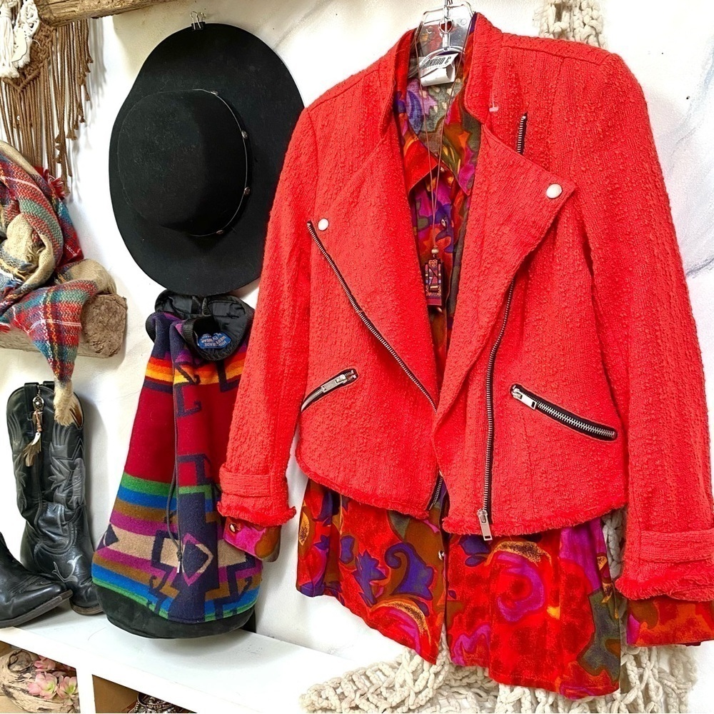 Trendy RED moto style tweed boho blazer jacket w raw edges